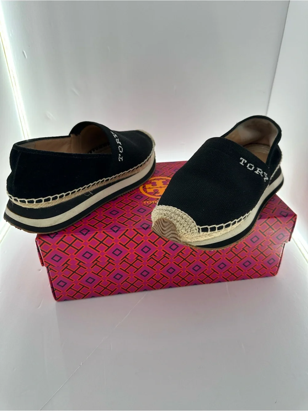 Tory Burch Black Canvas Espadrille Platform Slip-On Sneakers Size 6M